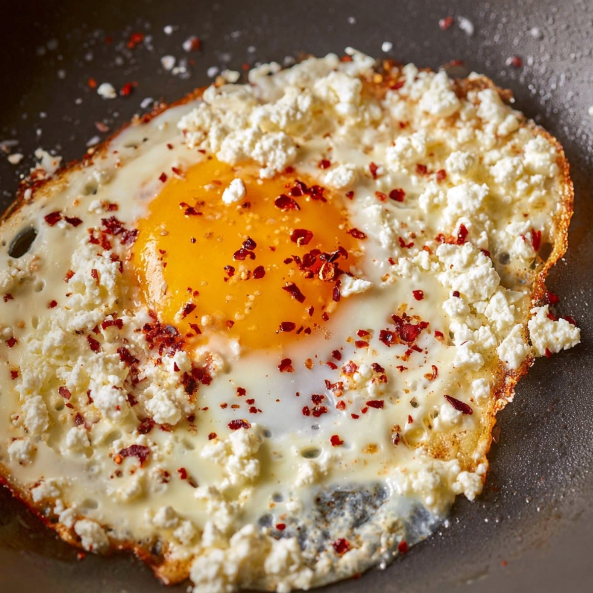 A skillet with a fried egg placed over crumbled feta cheese, sprinkled with red pepper flakes and still cooking, showing a runny yolk.