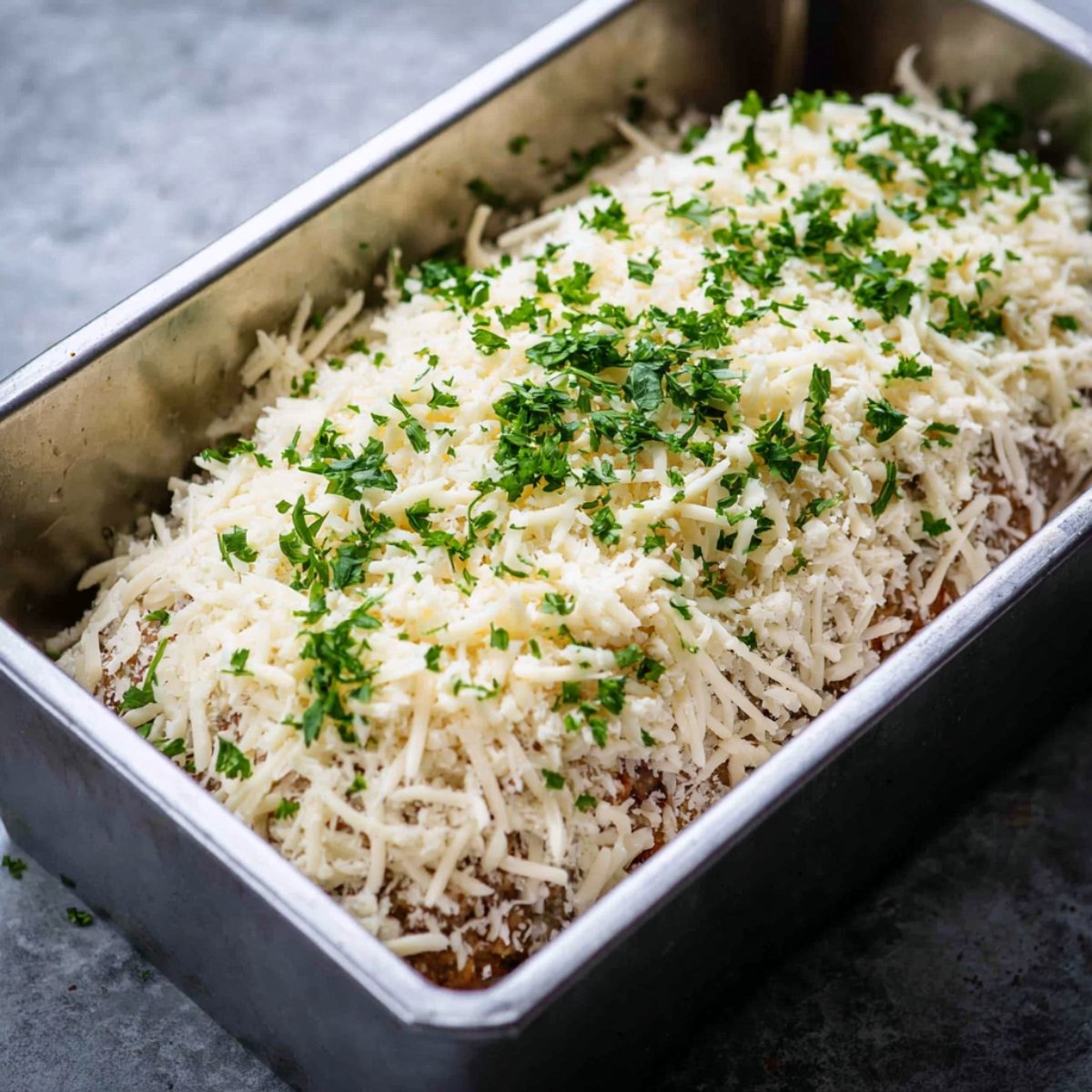 A loaf pan with a garlic parmesan chicken meatloaf topped with shredded cheese and fresh parsley.