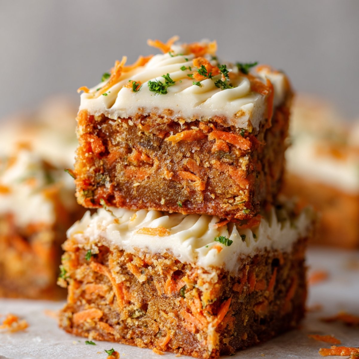 A stack of freshly baked Carrot Cake Cream Cheese Bars topped with cream cheese frosting, garnished with shredded carrots and a touch of green, showcasing the moist interior filled with shredded carrots.