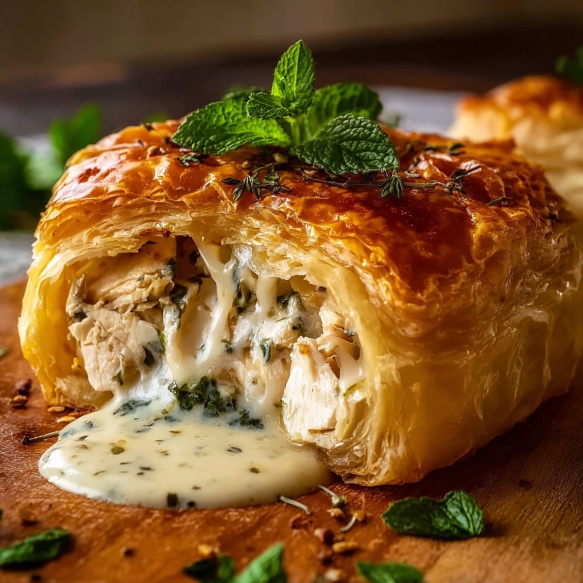 A delicious Chicken Wellington, with flaky puff pastry filled with tender chicken, melted cheese, and herbs, topped with fresh mint leaves.