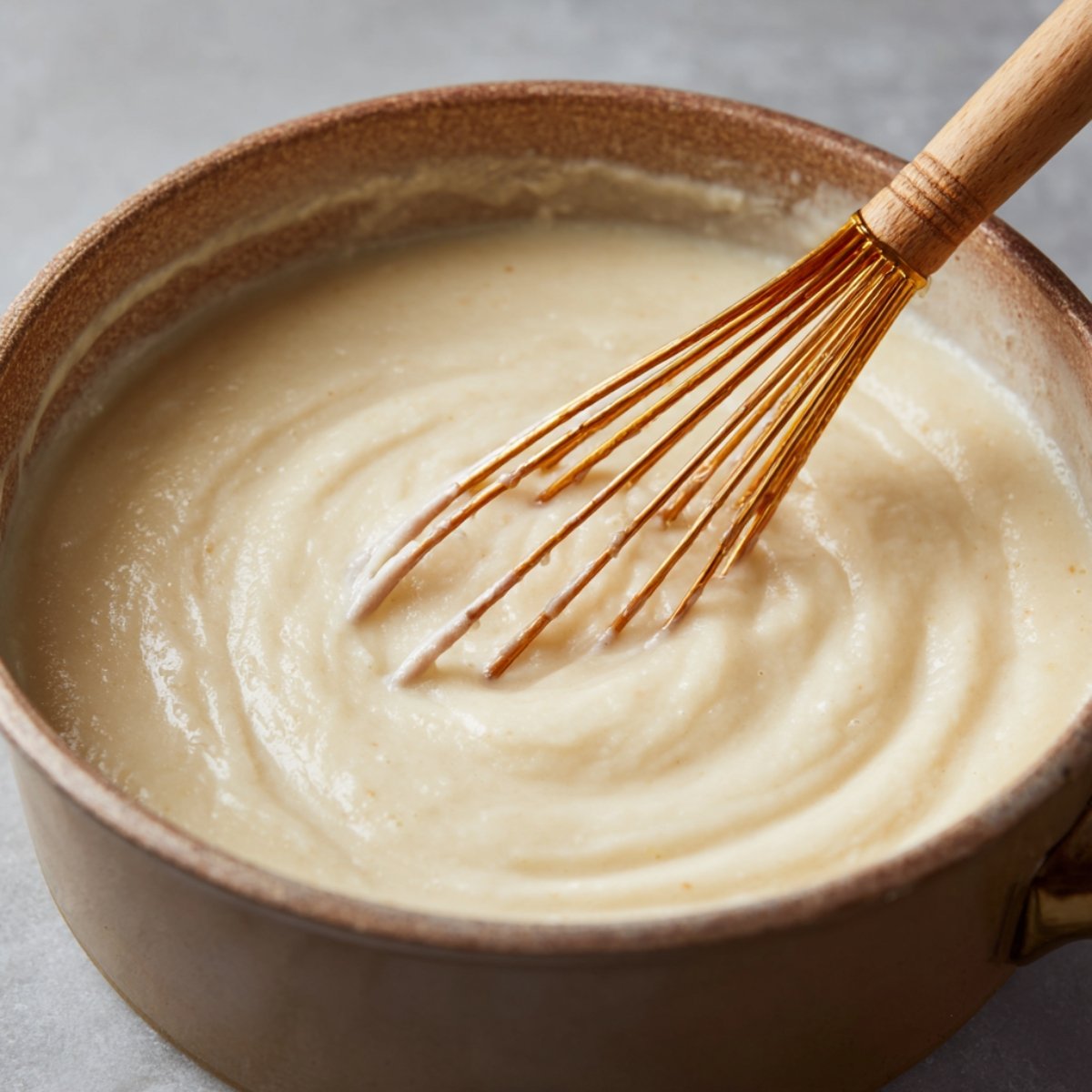 A close-up of a creamy, smooth mixture being stirred with a whisk in a brown ceramic bowl. The mixture appears thick and velvety.