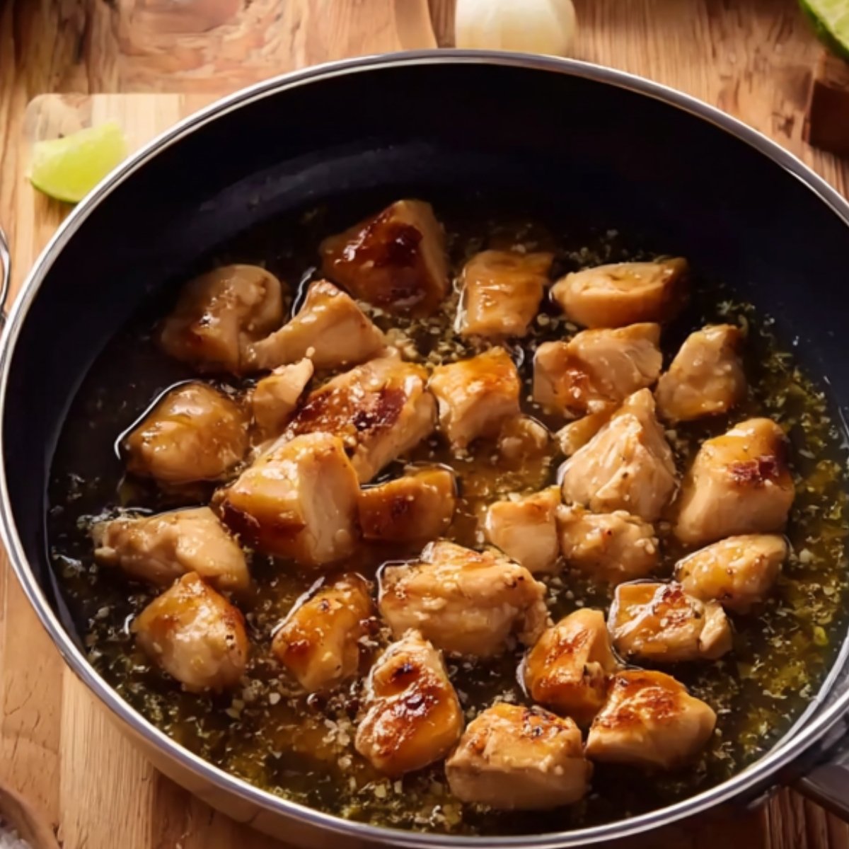 A pan with pieces of chicken being cooked in a flavorful sauce, likely featuring lime and other spices.