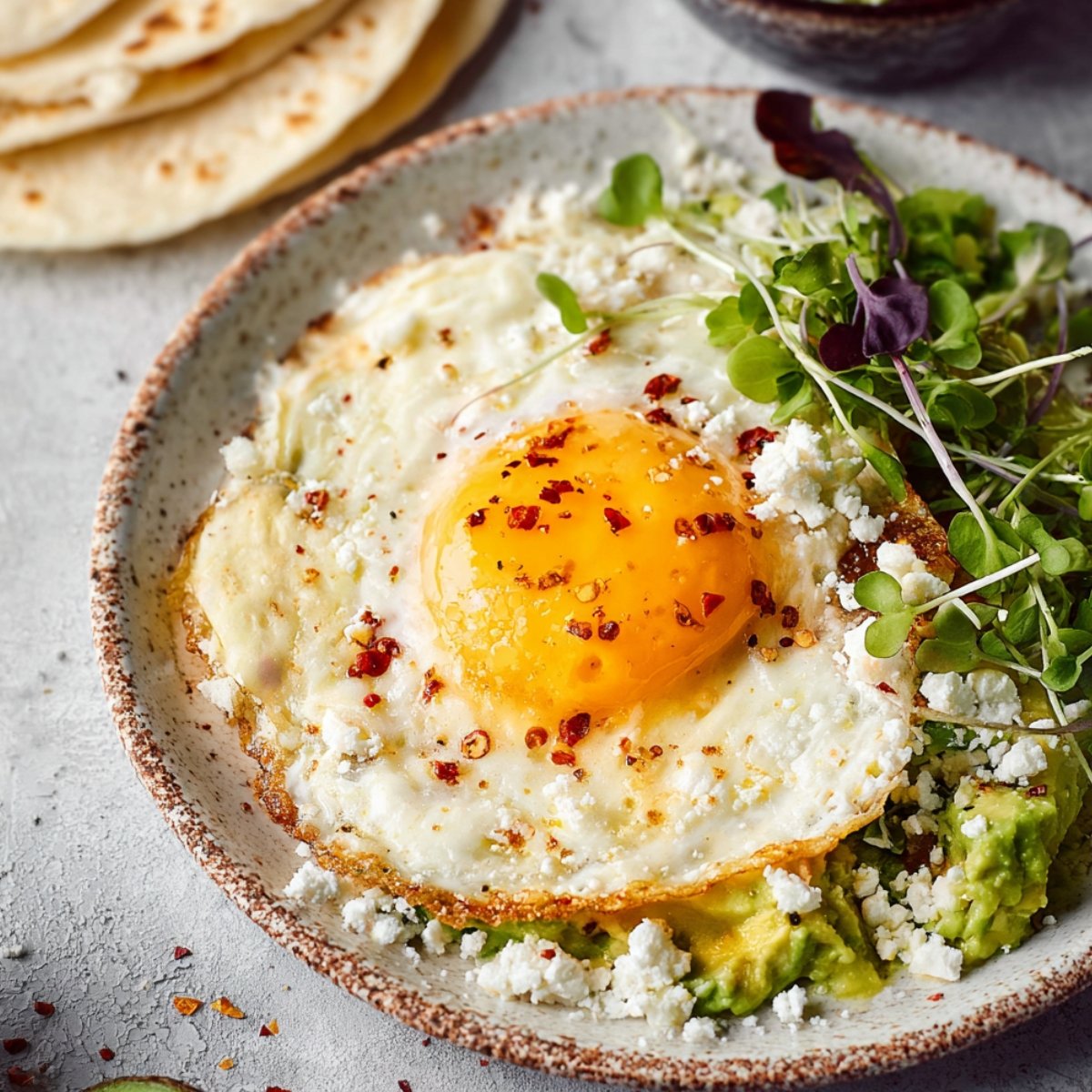 A close-up of a Feta Fried Egg topped with crumbled feta cheese, red pepper flakes, and microgreens on a plate with a soft tortilla in the background.