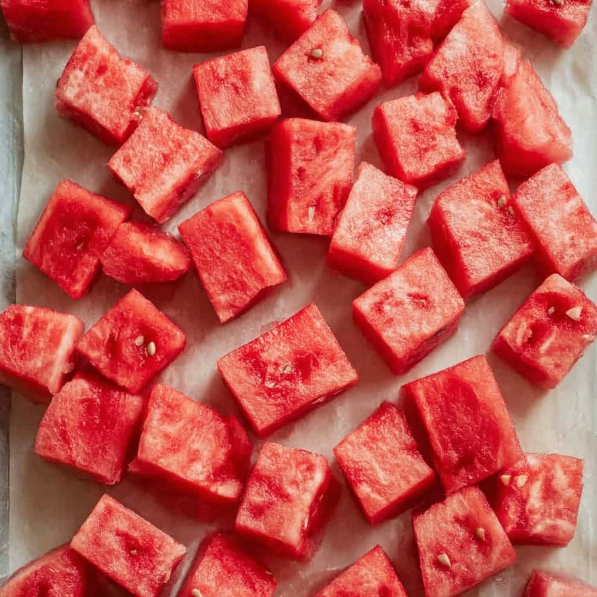 A tray lined with parchment paper, covered with freshly cut watermelon cubes, ready to be frozen.