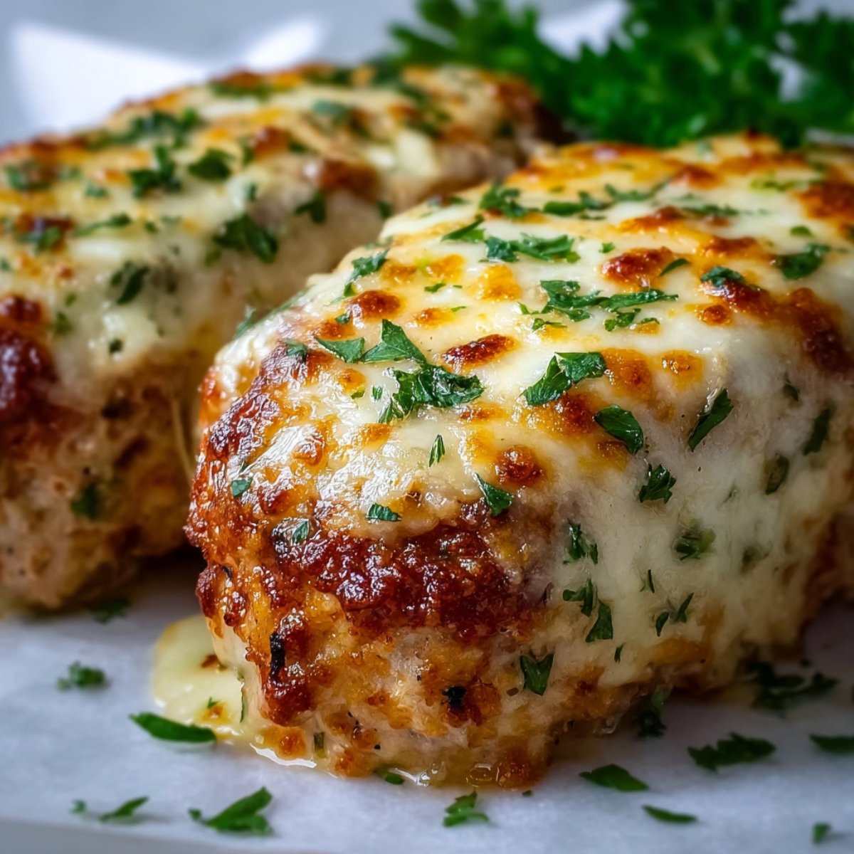 Close-up of Garlic Parmesan Chicken Meatloaf after baking, with melted cheese and fresh parsley garnish on top.