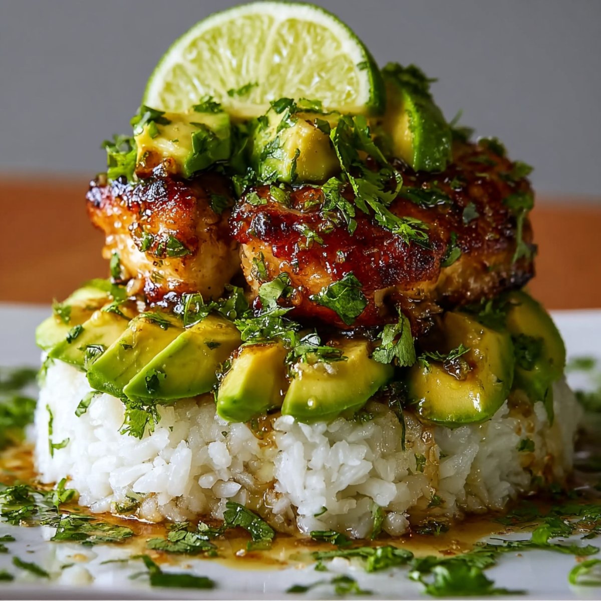 The finished dish, which consists of a rice base topped with Honey Lime Chicken and Avocado Rice Stack, fresh avocado slices, cilantro, and a lime wedge for garnish.