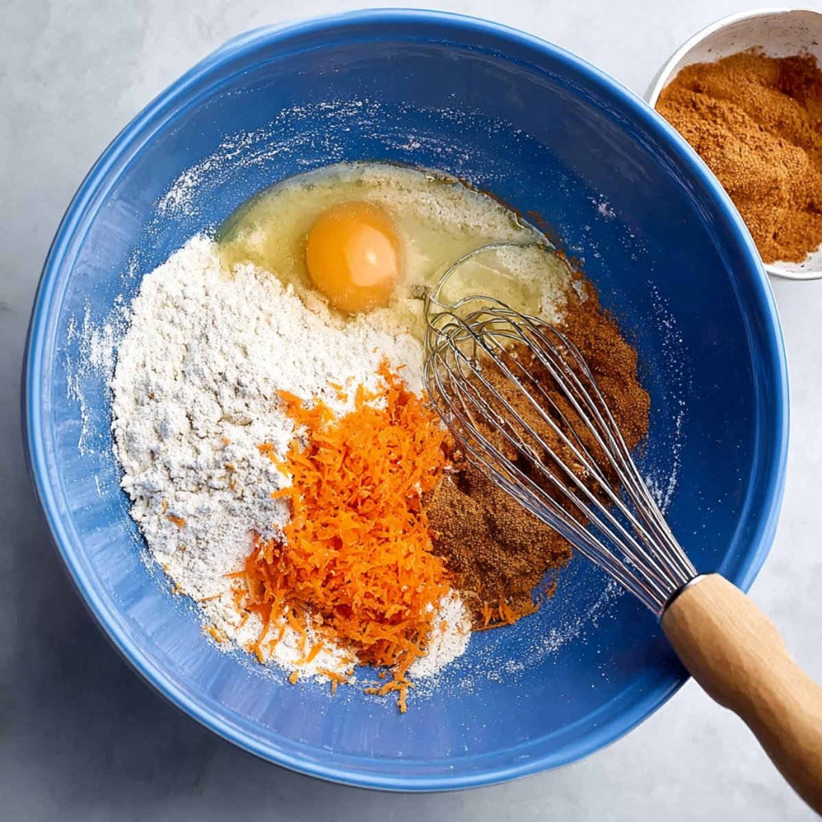 A blue mixing bowl filled with carrot cake ingredients, including grated carrots, flour, egg, and spices, ready to be mixed together.