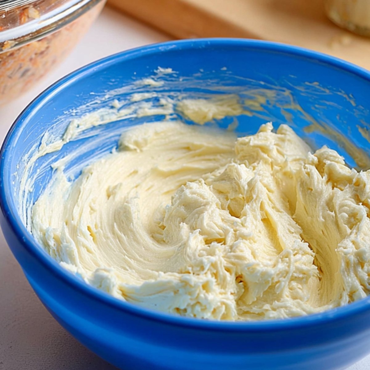 A close-up of a bowl filled with smooth cream cheese mixture, ready to be spread on carrot cake bars.