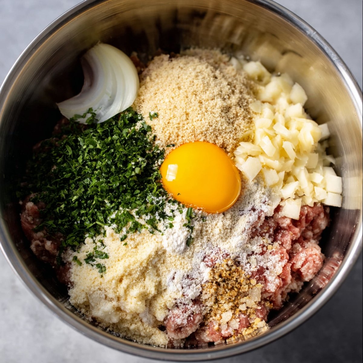 A mixing bowl with ground meat, egg, diced onion, breadcrumbs, seasonings, and herbs for making meatloaf.