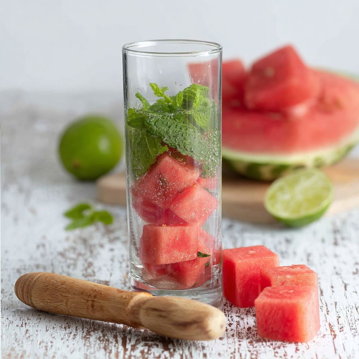 A tall glass filled with watermelon cubes and fresh mint leaves, with lime slices and additional watermelon visible in the background. A wooden muddler is placed next to the glass.
