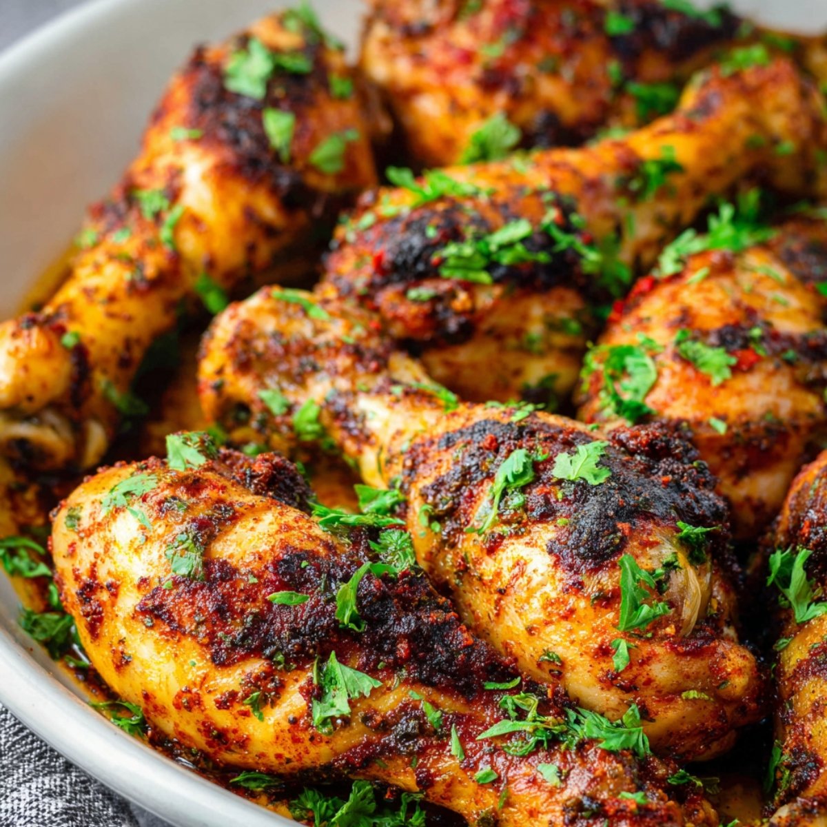A cooked batch of Paprika Chicken Drumsticks-seasoned chicken drumsticks garnished with fresh chopped parsley, served in a dish, showing crispy and flavorful drumsticks.