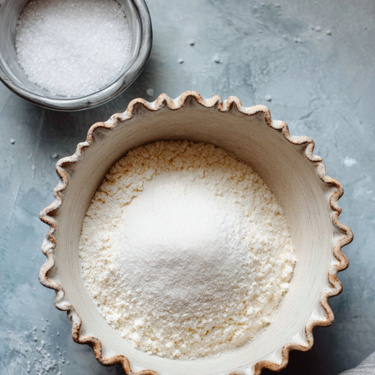 A close-up of a bowl filled with flour and a small bowl of sugar placed next to it on a light-colored surface.
