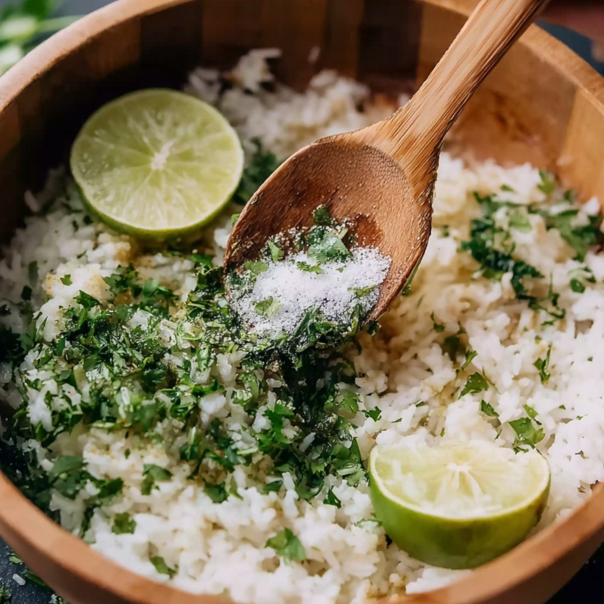 A bowl of fluffy rice with fresh lime and chopped cilantro sprinkled on top, with a wooden spoon mixing in some salt and herbs.