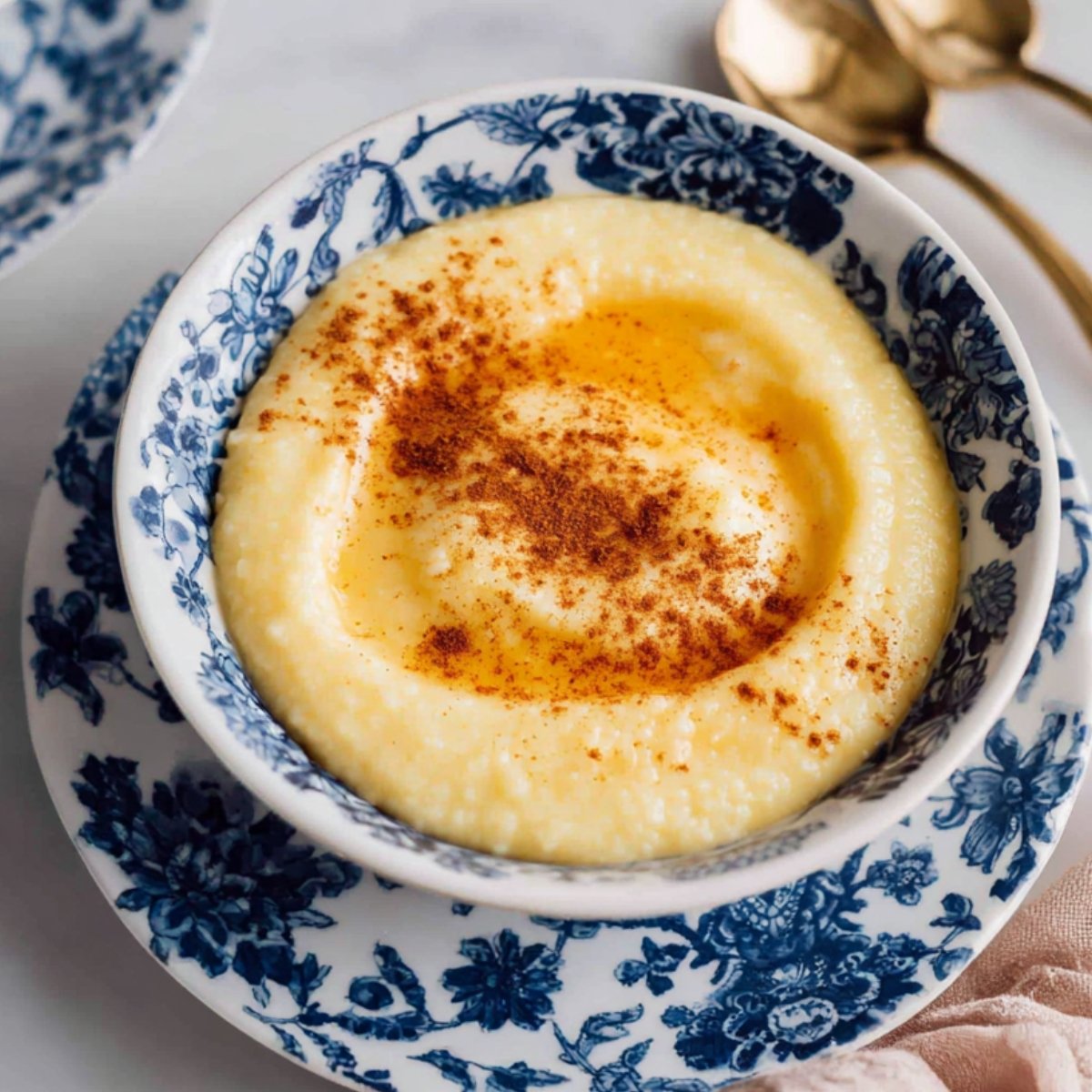 A bowl of Rømmegrøt, smooth porridge garnished with a drizzle of butter and a sprinkle of cinnamon. The bowl is placed on a floral-patterned plate.