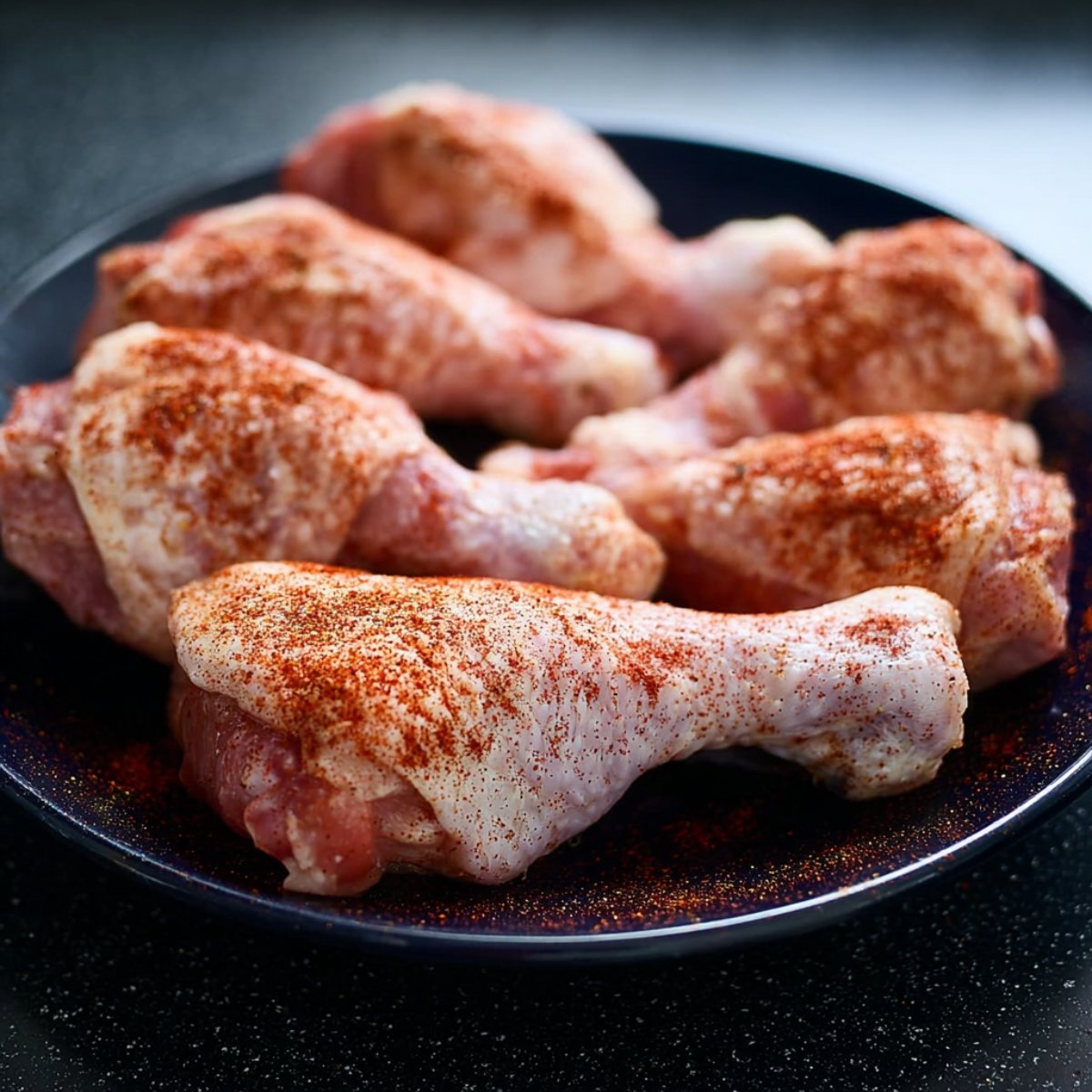 A plate of raw chicken drumsticks coated with paprika, ready to be cooked.