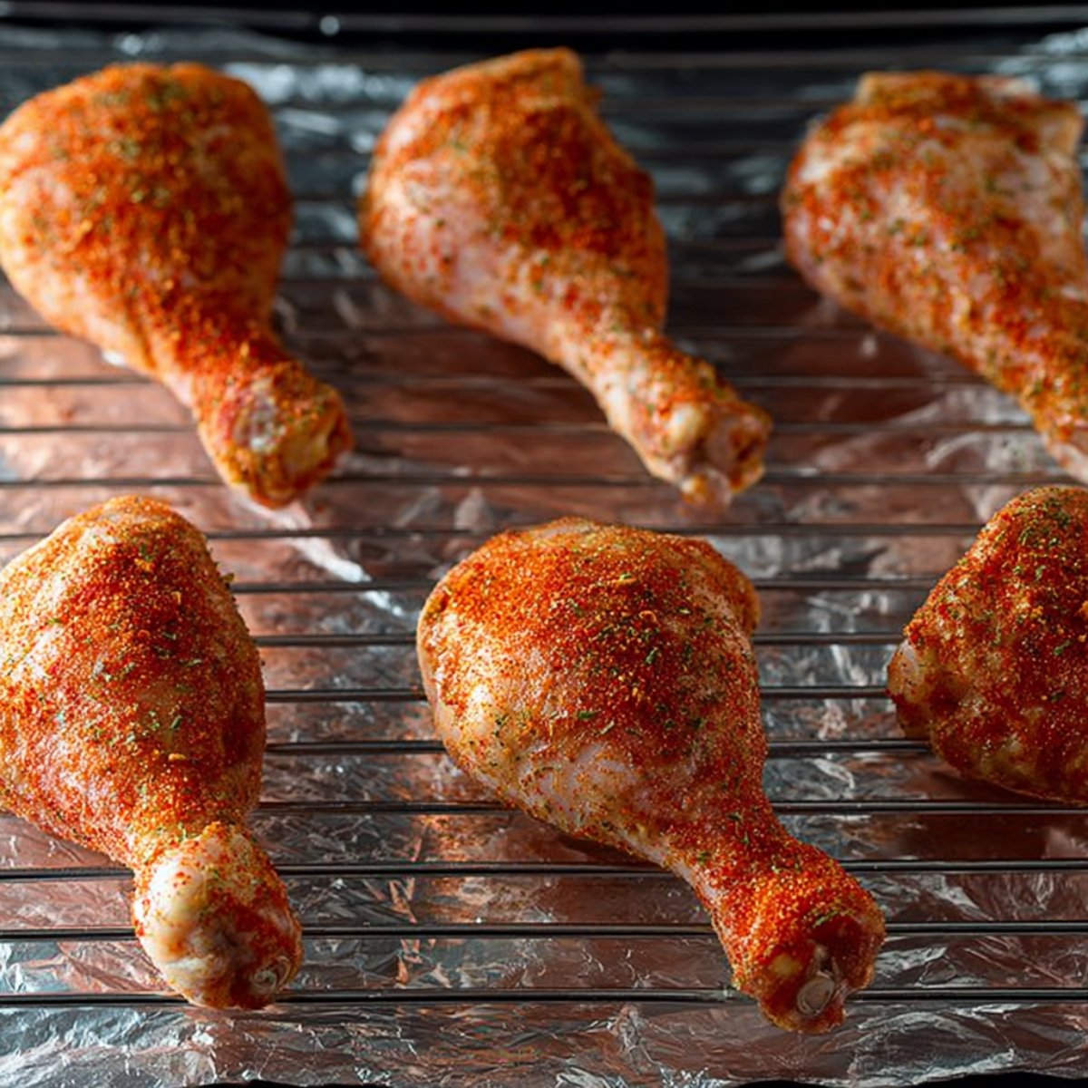 A close-up of several uncooked chicken drumsticks seasoned with paprika and other spices, arranged on a wire rack over aluminum foil, ready for baking.
