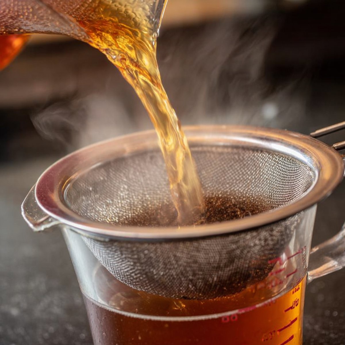 A close-up of hot tea being poured through a fine mesh strainer into a measuring cup.