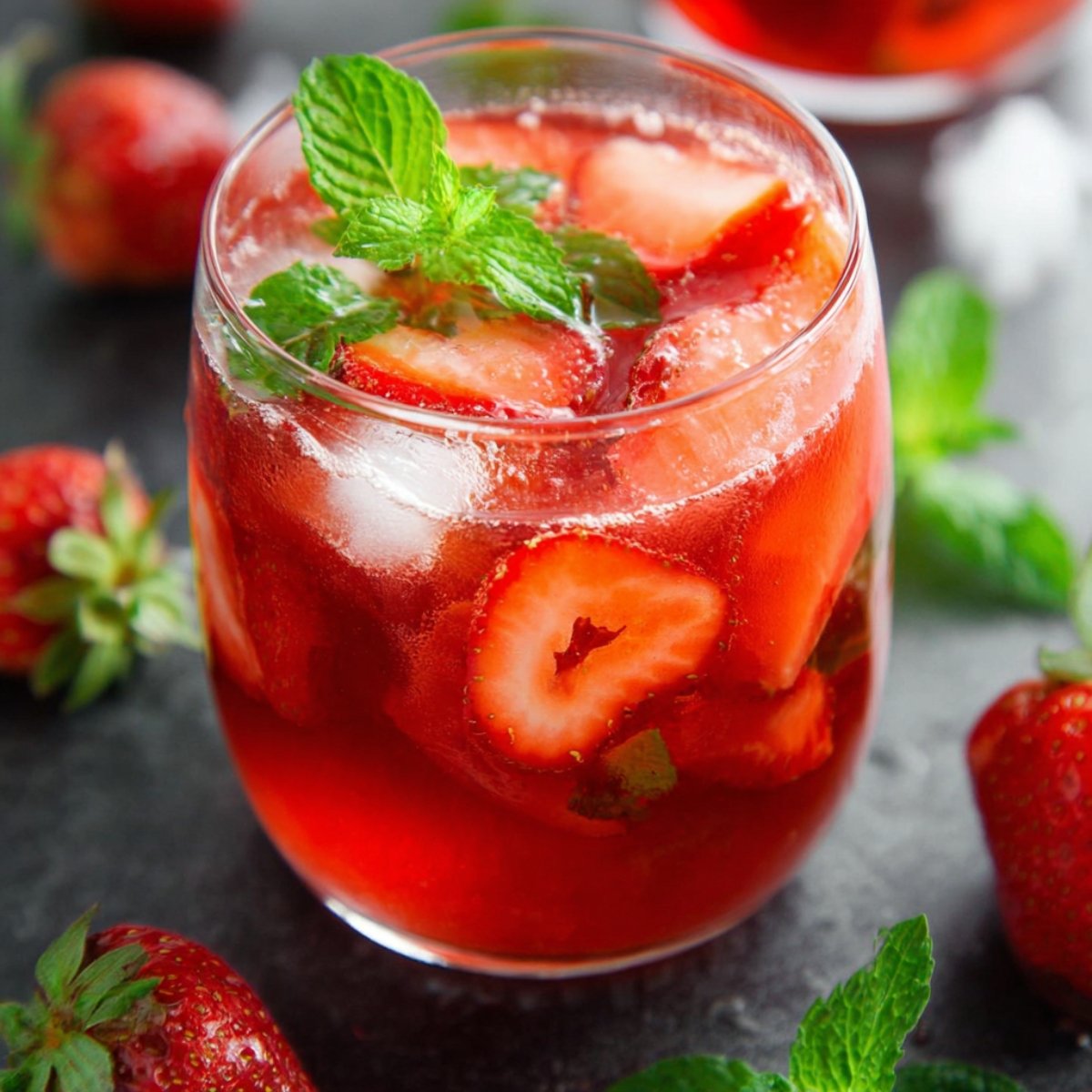 A glass of strawberry iced tea garnished with mint leaves and fresh strawberries on a dark surface.