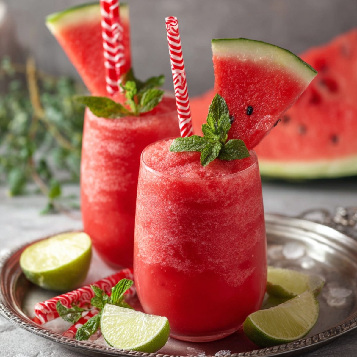 Two glasses of refreshing watermelon slushie garnished with mint leaves, a slice of watermelon, and striped straws, served on a silver tray with lime wedges and fresh mint.