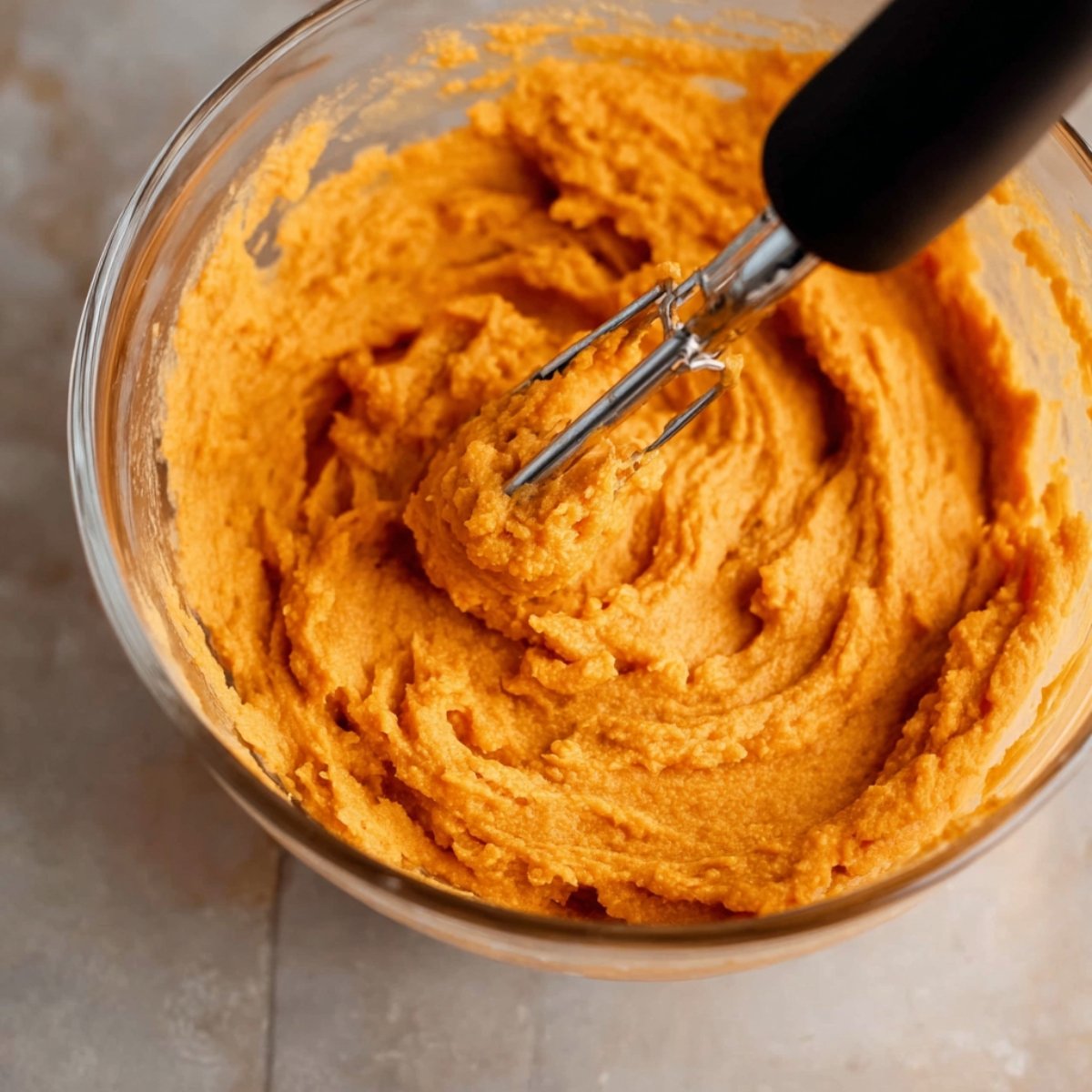 Close up of creamy mashed sweet potatoes in a glass bowl, whipped to a smooth texture with a hand mixer. The rich, orange color and fluffy consistency make it an ideal base for a sweet potato breakfast bowl or side dish.