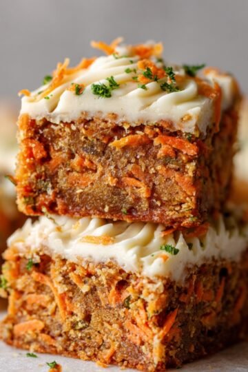 A stack of freshly baked Carrot Cake Cream Cheese Bars topped with cream cheese frosting, garnished with shredded carrots and a touch of green, showcasing the moist interior filled with shredded carrots.