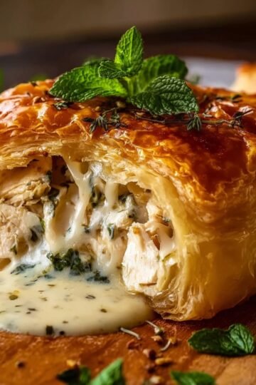 A delicious Chicken Wellington, with flaky puff pastry filled with tender chicken, melted cheese, and herbs, topped with fresh mint leaves.