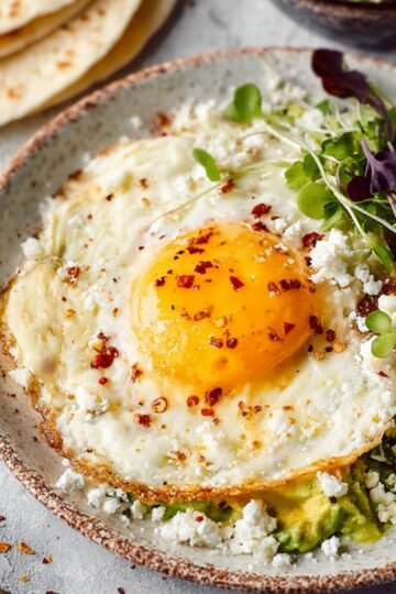 A close-up of a Feta Fried Egg topped with crumbled feta cheese, red pepper flakes, and microgreens on a plate with a soft tortilla in the background.