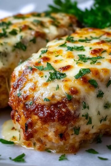 Close-up of Garlic Parmesan Chicken Meatloaf after baking, with melted cheese and fresh parsley garnish on top.