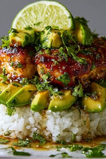 The finished dish, which consists of a rice base topped with Honey Lime Chicken and Avocado Rice Stack, fresh avocado slices, cilantro, and a lime wedge for garnish.